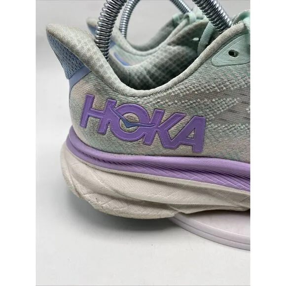 Hoka One One Clifton 9 Women Size 7 D Wide White Aqua Athletic Running Shoe 3698