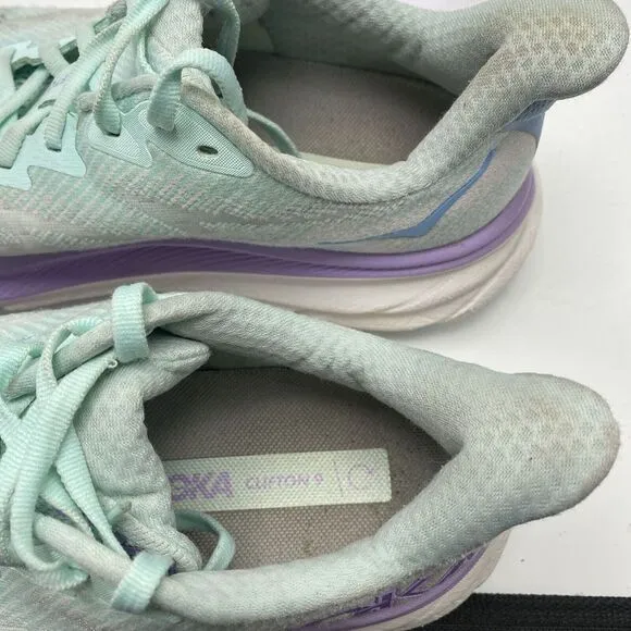 Hoka One One Clifton 9 Women Size 7 D Wide White Aqua Athletic Running Shoe 3698