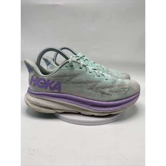 Hoka One One Clifton 9 Women Size 7 D Wide White Aqua Athletic Running Shoe 3698