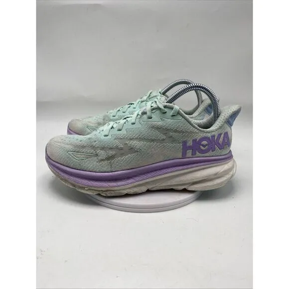 Hoka One One Clifton 9 Women Size 7 D Wide White Aqua Athletic Running Shoe 3698