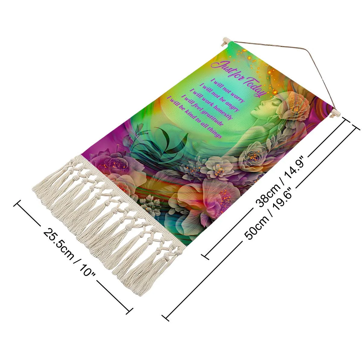 Inspirational Fringed Canvas Wall Hanging, Reiki Principles, Rainbow Flower Child Artwork by Primal Painter