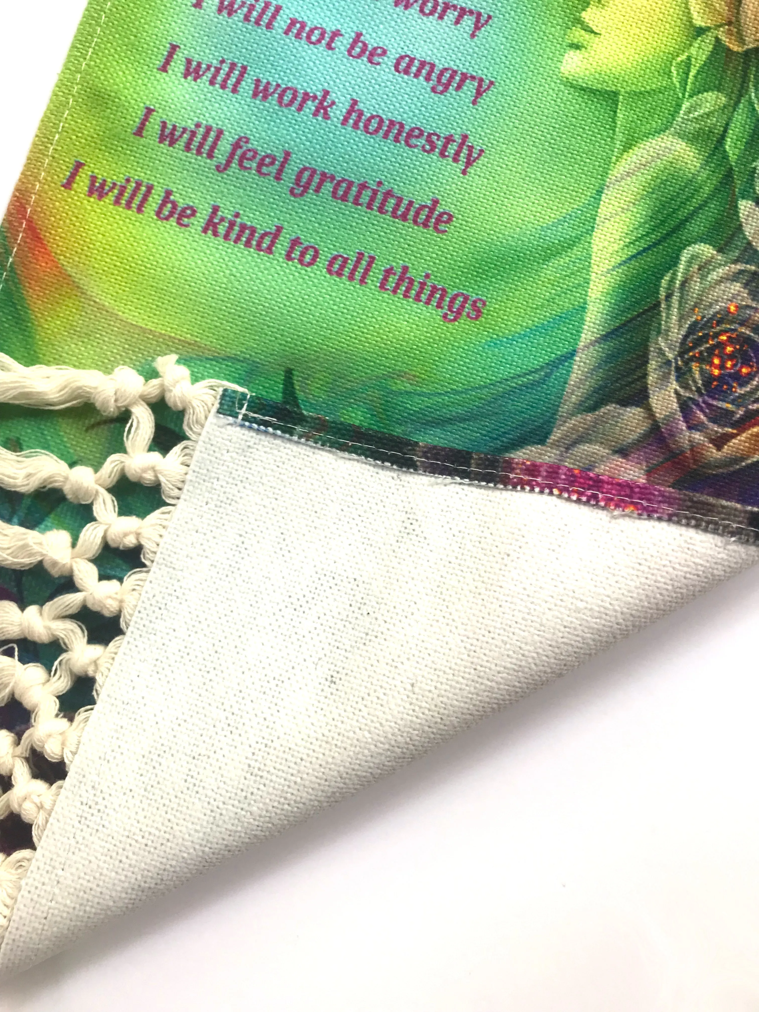 Inspirational Fringed Canvas Wall Hanging, Reiki Principles, Rainbow Flower Child Artwork by Primal Painter
