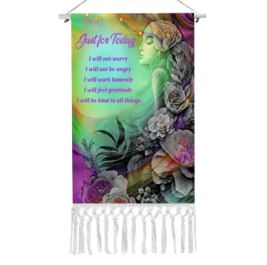 Inspirational Fringed Canvas Wall Hanging, Reiki Principles, Rainbow Flower Child Artwork by Primal Painter