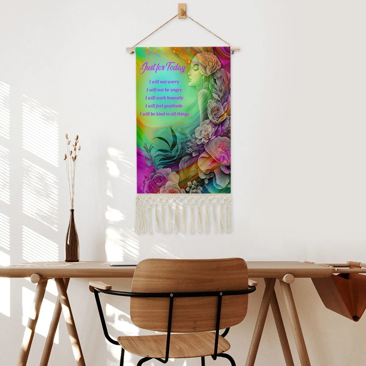 Inspirational Fringed Canvas Wall Hanging, Reiki Principles, Rainbow Flower Child Artwork by Primal Painter