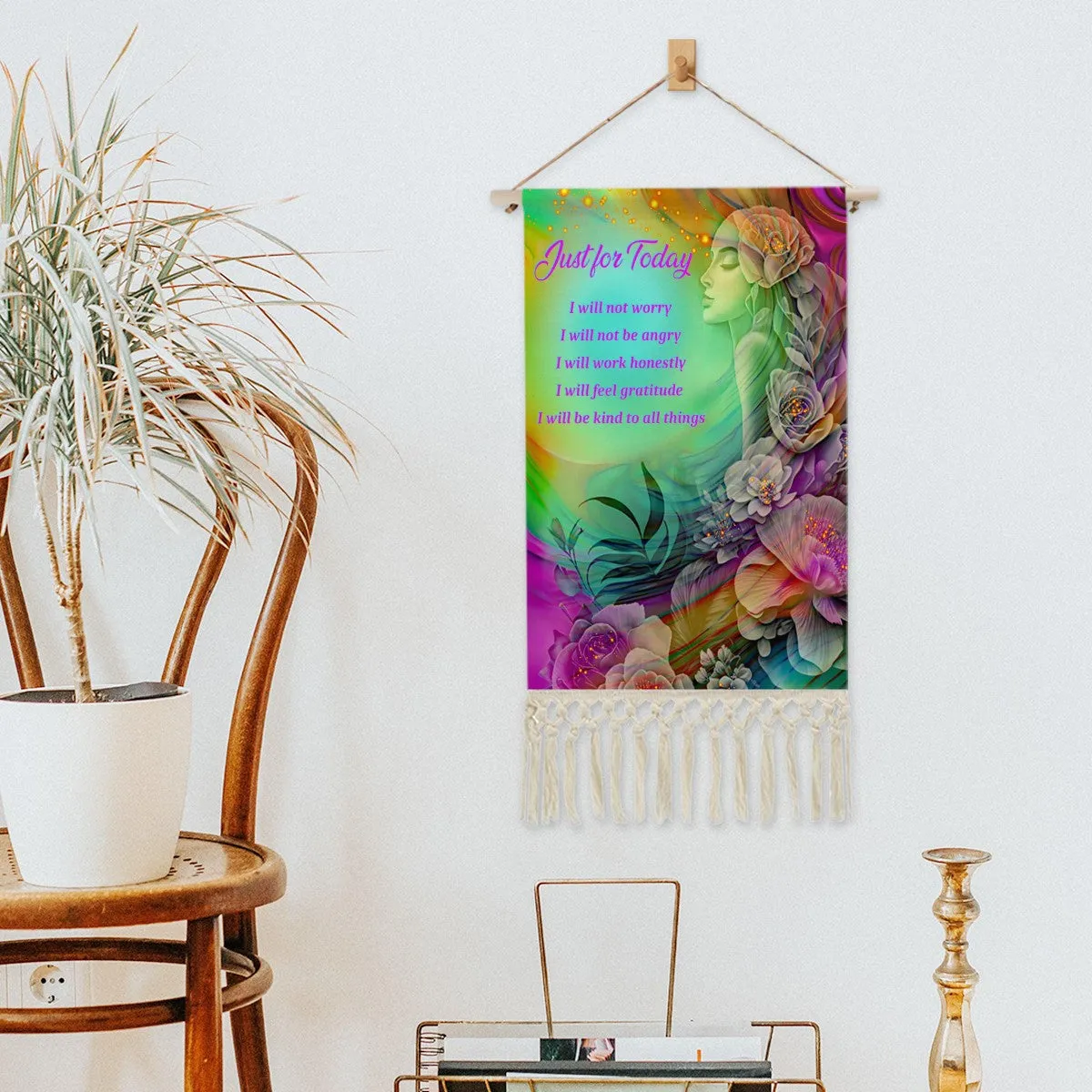 Inspirational Fringed Canvas Wall Hanging, Reiki Principles, Rainbow Flower Child Artwork by Primal Painter