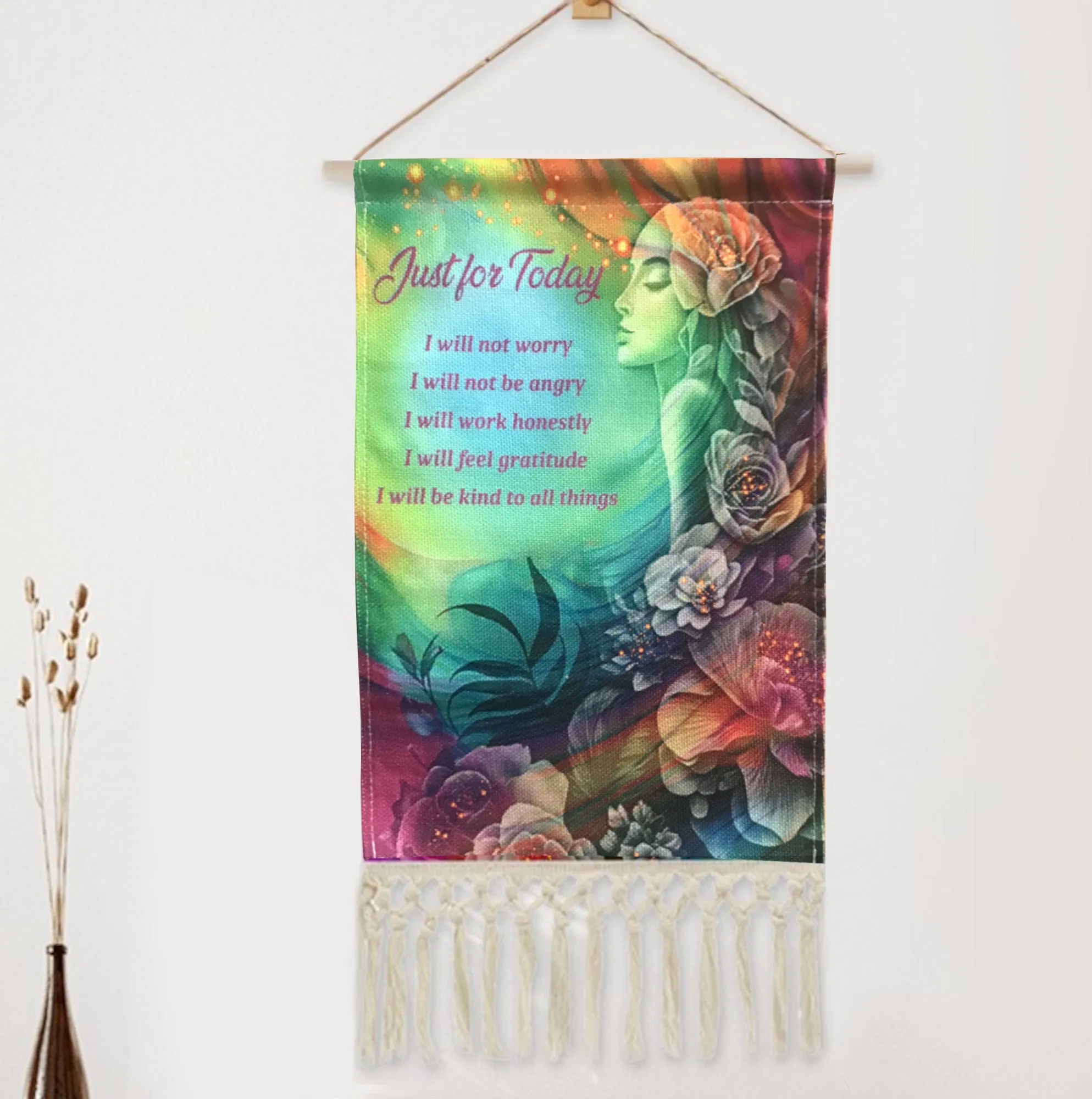 Inspirational Fringed Canvas Wall Hanging, Reiki Principles, Rainbow Flower Child Artwork by Primal Painter