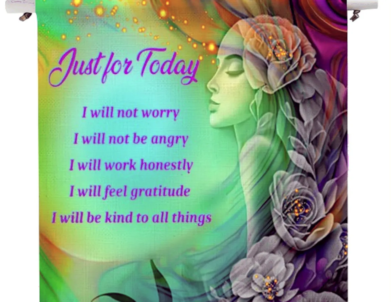 Inspirational Fringed Canvas Wall Hanging, Reiki Principles, Rainbow Flower Child Artwork by Primal Painter