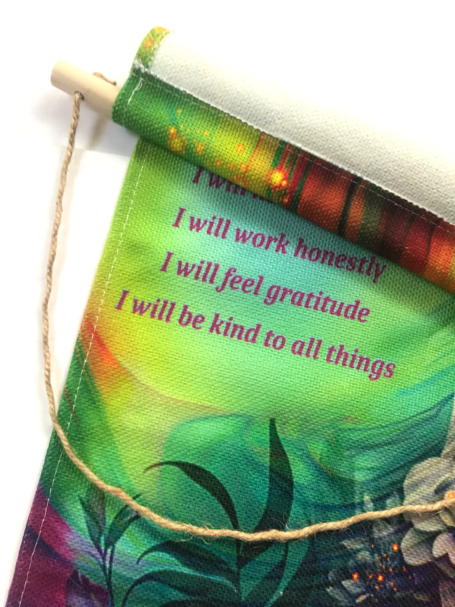 Inspirational Fringed Canvas Wall Hanging, Reiki Principles, Rainbow Flower Child Artwork by Primal Painter