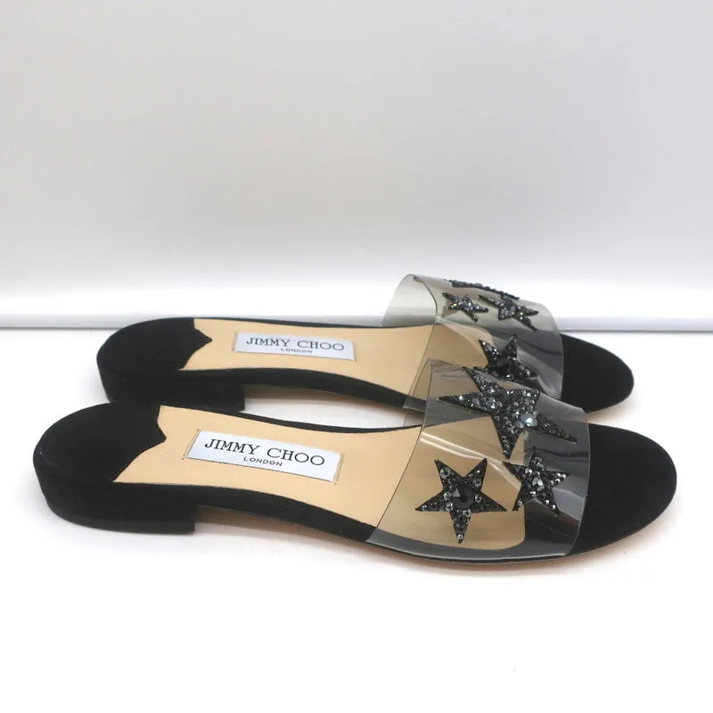 Jimmy Choo Joni Plexi Flat Slide Sandals Black Crystal Stars Size 37 NEW