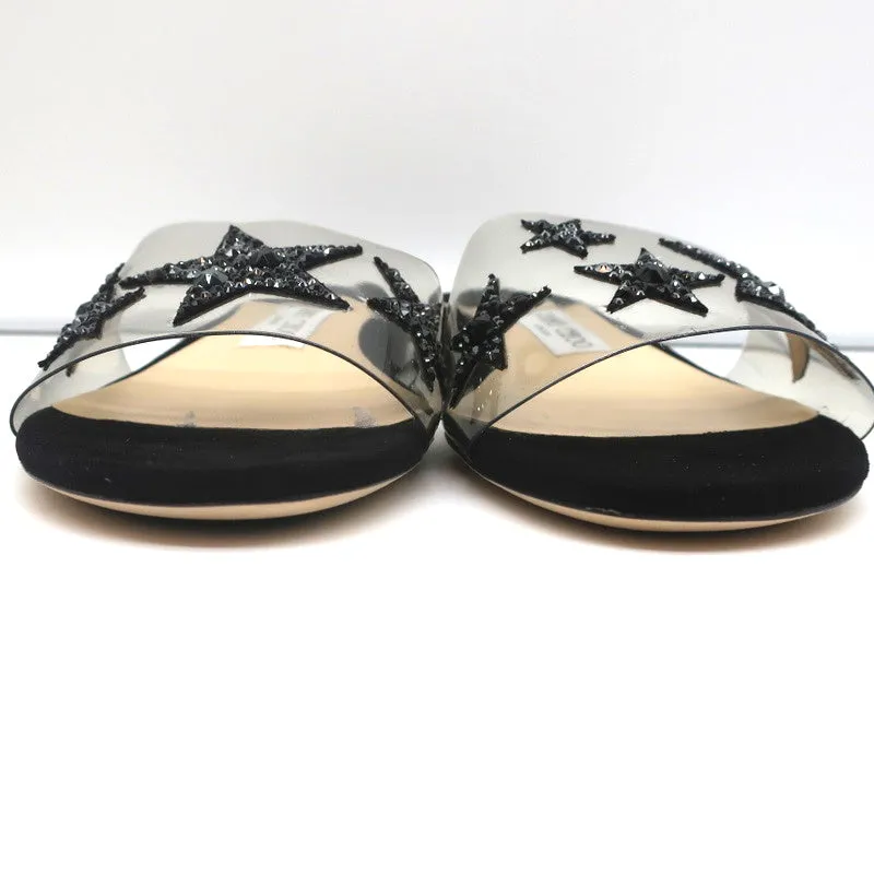 Jimmy Choo Joni Plexi Flat Slide Sandals Black Crystal Stars Size 37 NEW