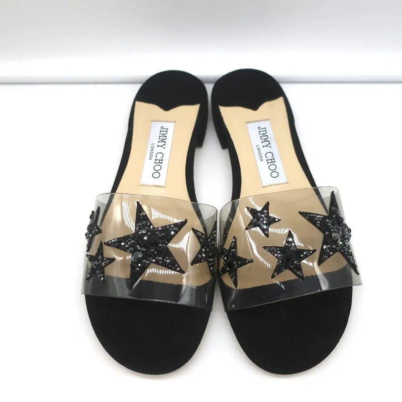 Jimmy Choo Joni Plexi Flat Slide Sandals Black Crystal Stars Size 37 NEW
