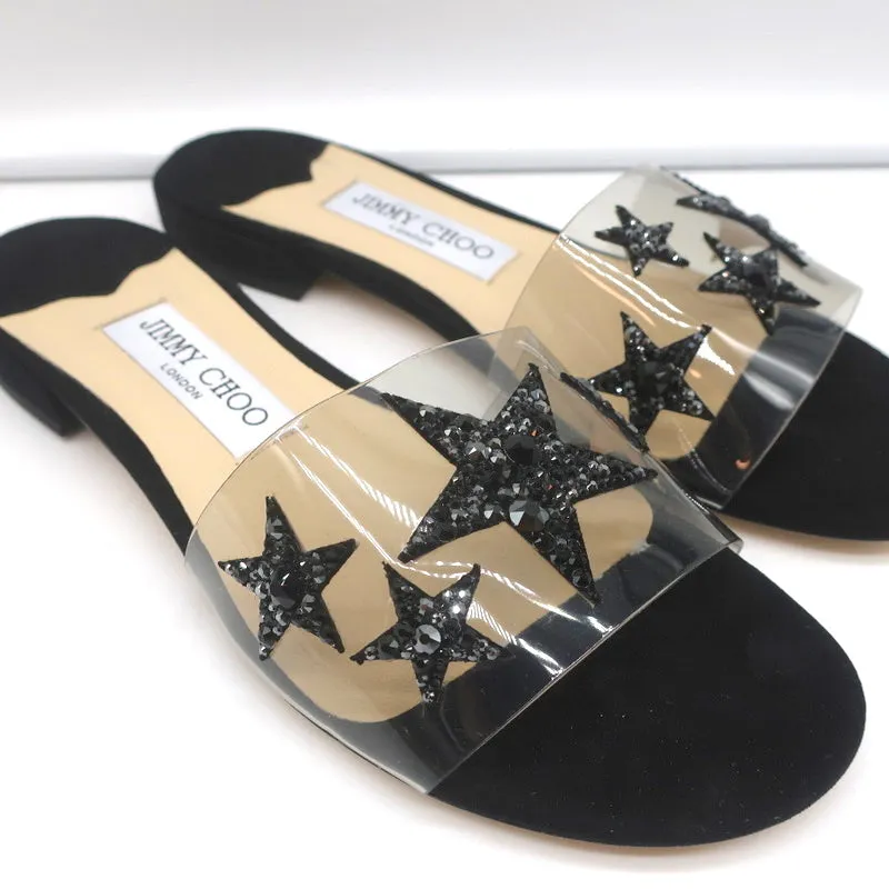 Jimmy Choo Joni Plexi Flat Slide Sandals Black Crystal Stars Size 37 NEW