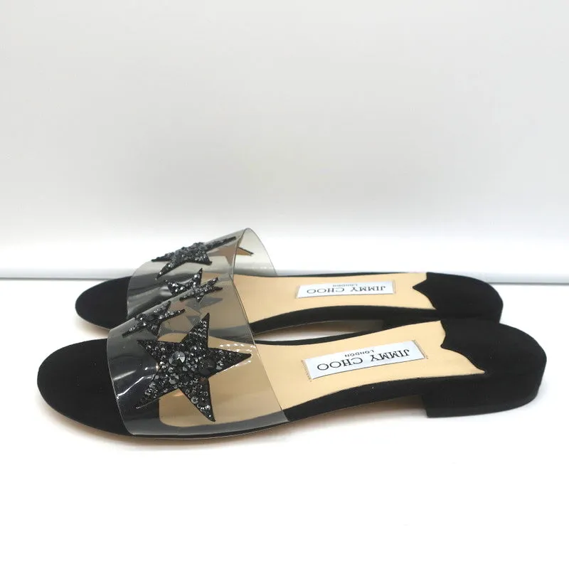 Jimmy Choo Joni Plexi Flat Slide Sandals Black Crystal Stars Size 37 NEW