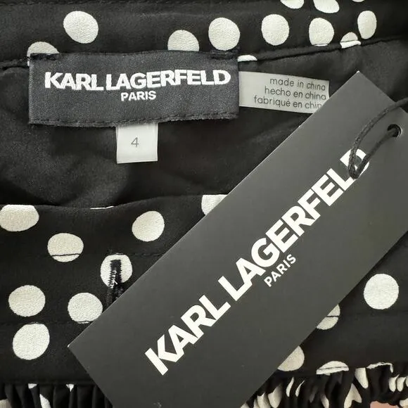 Karl Lagerfeld Polka Dot Pleated Circle A-Line Knee Length Skirt Black Sz 4 NWT