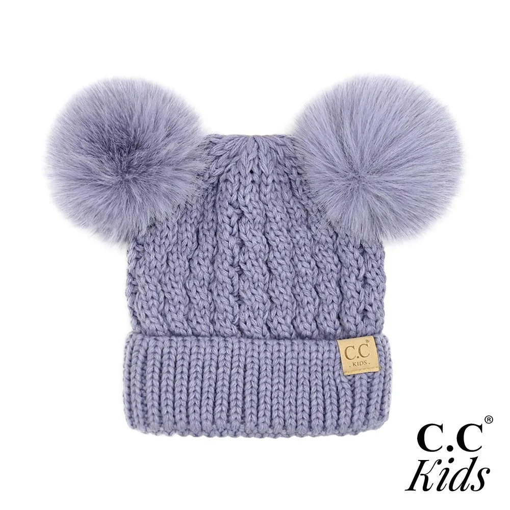 Kids Cable Knit Double Pom Beanie
