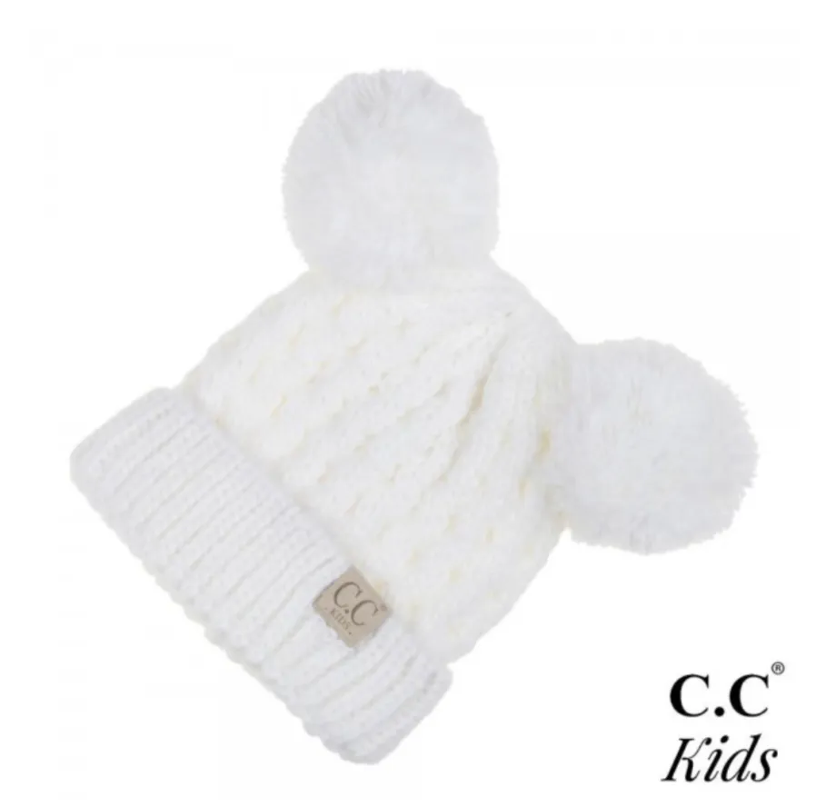 Kids Cable Knit Double Pom Beanie