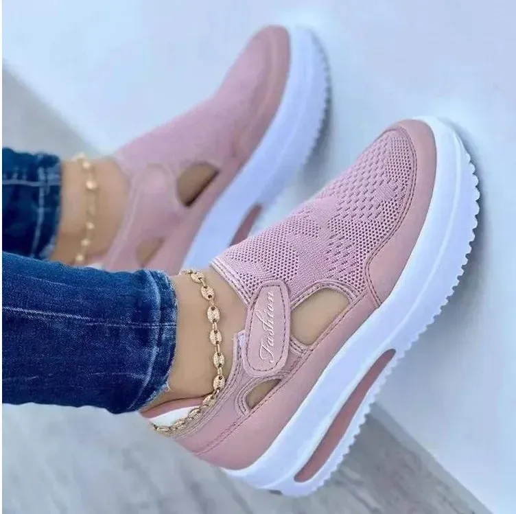 Large  summer  breathable women's casual shoes with thick sole  sloping heel hollowed out low