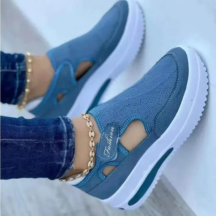 Large  summer  breathable women's casual shoes with thick sole  sloping heel hollowed out low