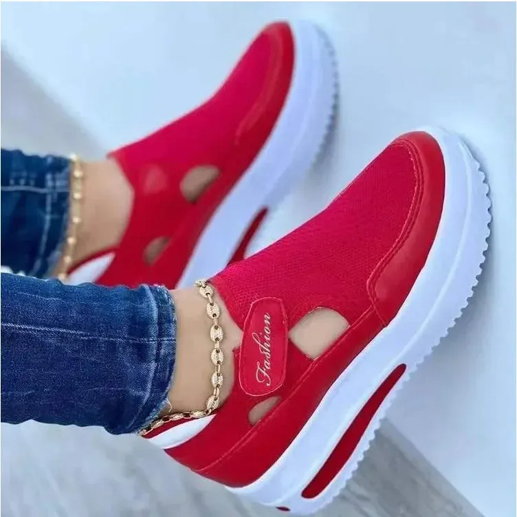 Large  summer  breathable women's casual shoes with thick sole  sloping heel hollowed out low