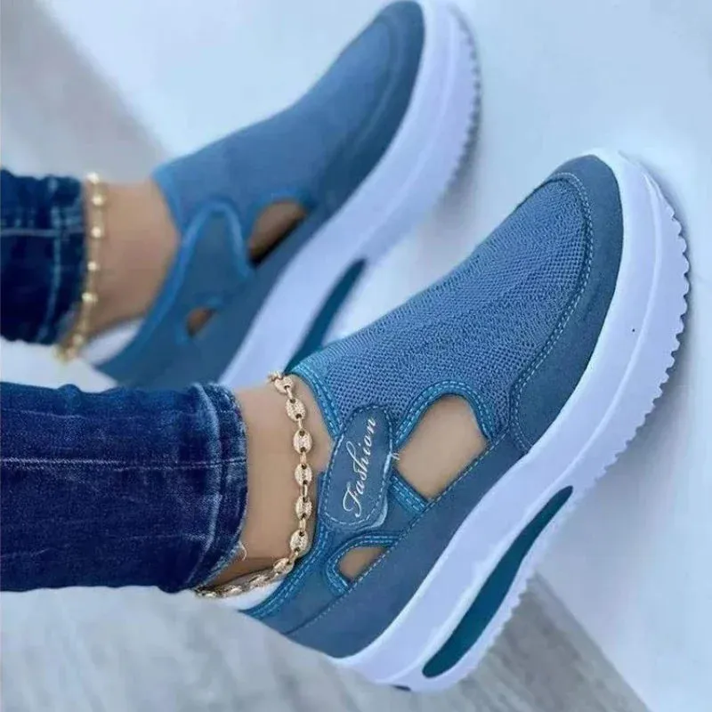 Large  summer  breathable women's casual shoes with thick sole  sloping heel hollowed out low
