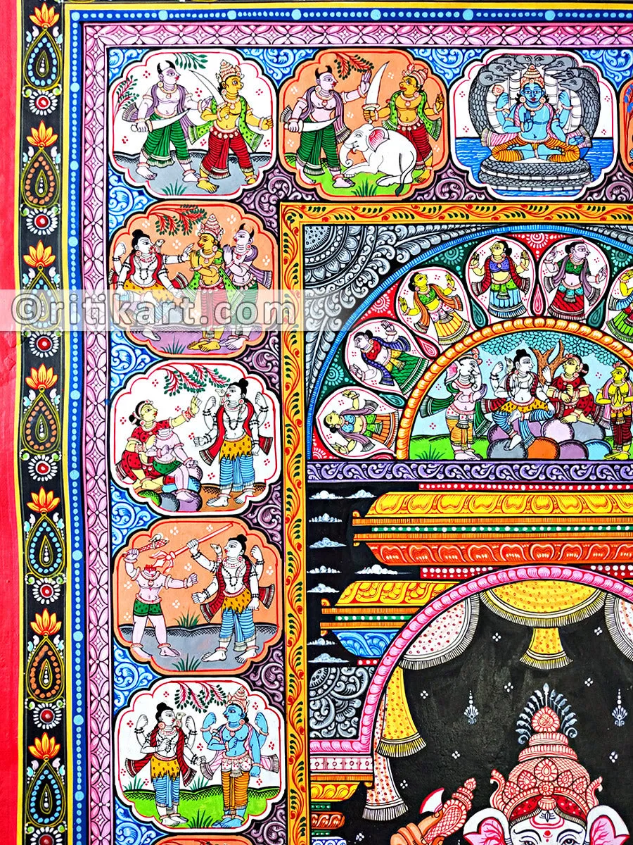 Lord Ganesh Canvas Pattachitra with Story