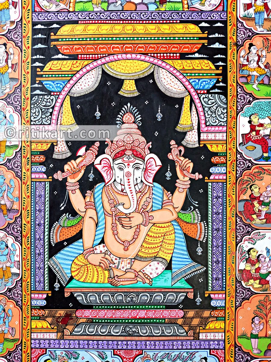 Lord Ganesh Canvas Pattachitra with Story
