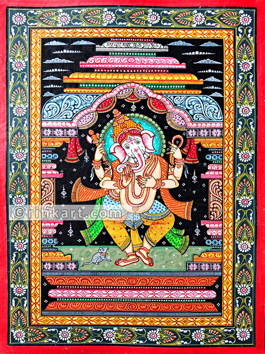 Lord Ganesh Dancing Posture Canvas Pattachitra