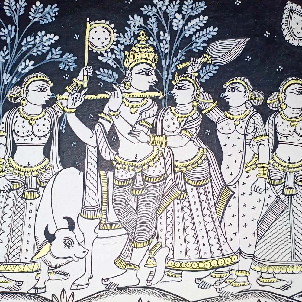 Lord Krishna Rasa Leela with Gopi Pattachitra Painting (B&W)