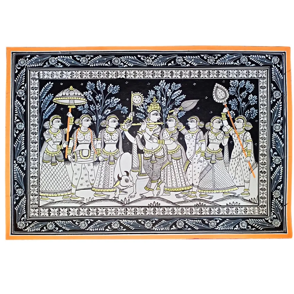 Lord Krishna Rasa Leela with Gopi Pattachitra Painting (B&W)