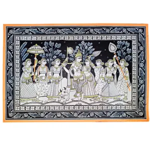 Lord Krishna Rasa Leela with Gopi Pattachitra Painting (B&W)