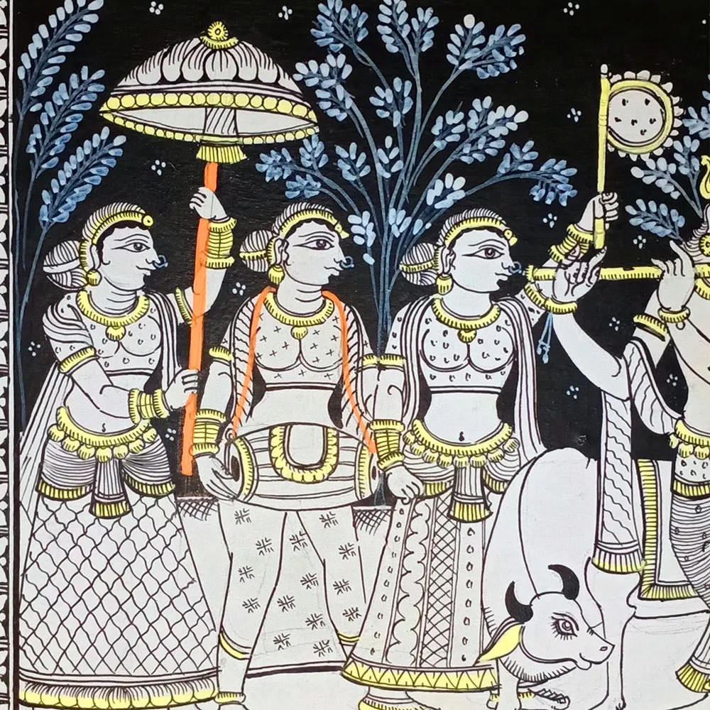 Lord Krishna Rasa Leela with Gopi Pattachitra Painting (B&W)