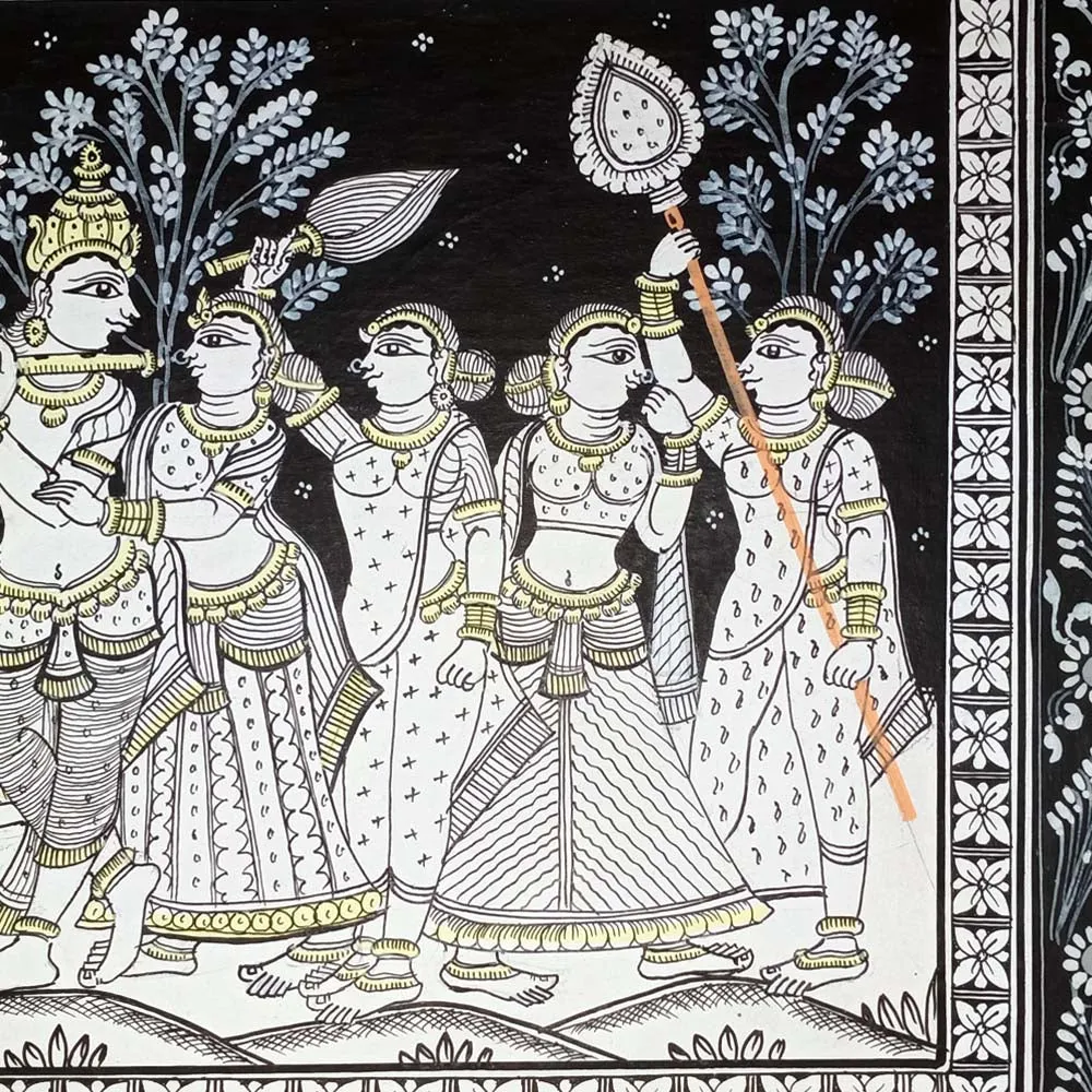 Lord Krishna Rasa Leela with Gopi Pattachitra Painting (B&W)
