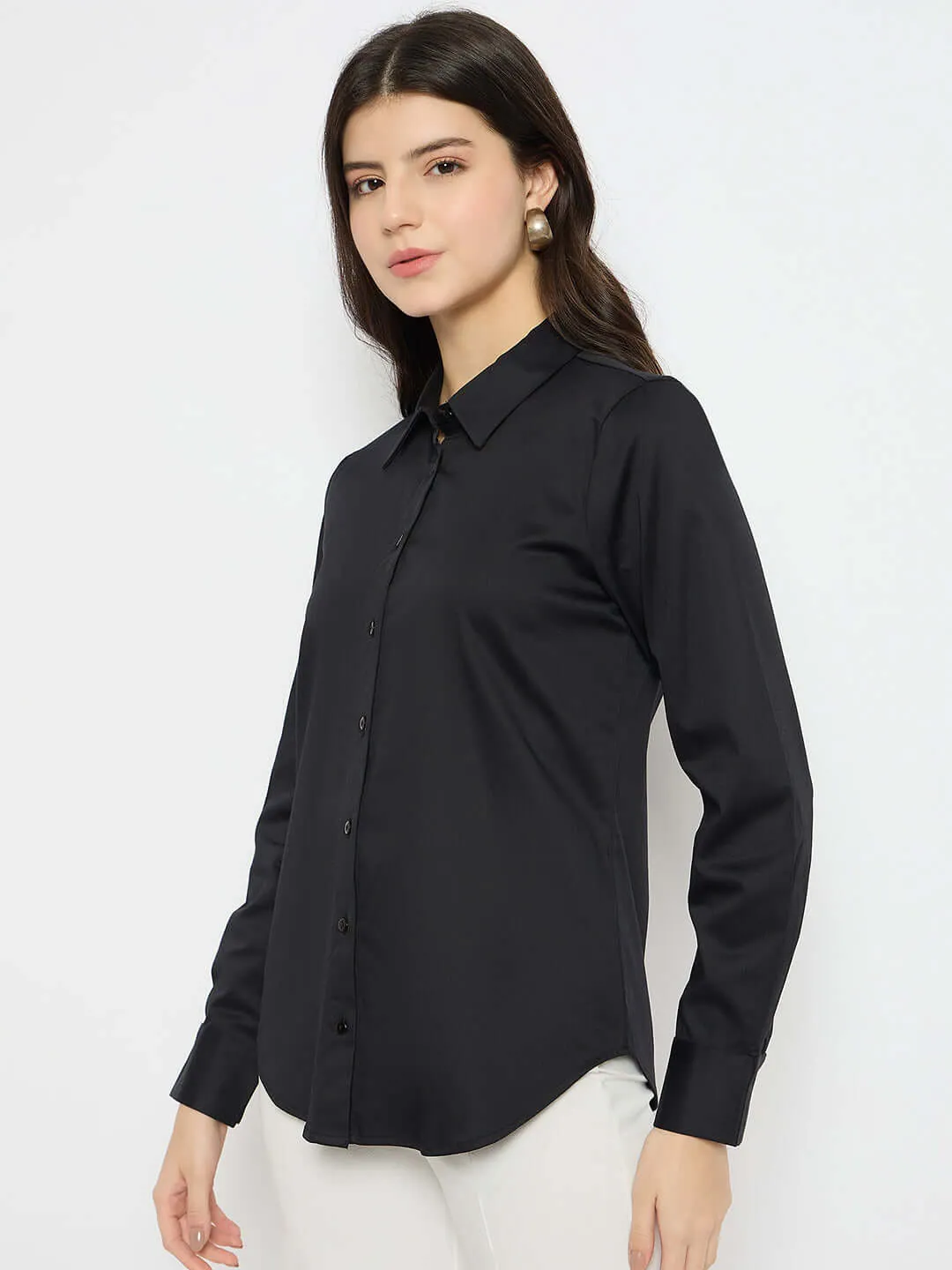 Madame Solid Black Cotton Blend Shirt
