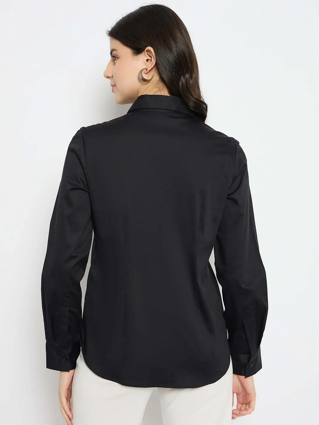 Madame Solid Black Cotton Blend Shirt