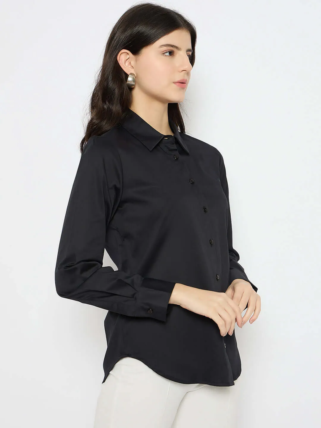 Madame Solid Black Cotton Blend Shirt