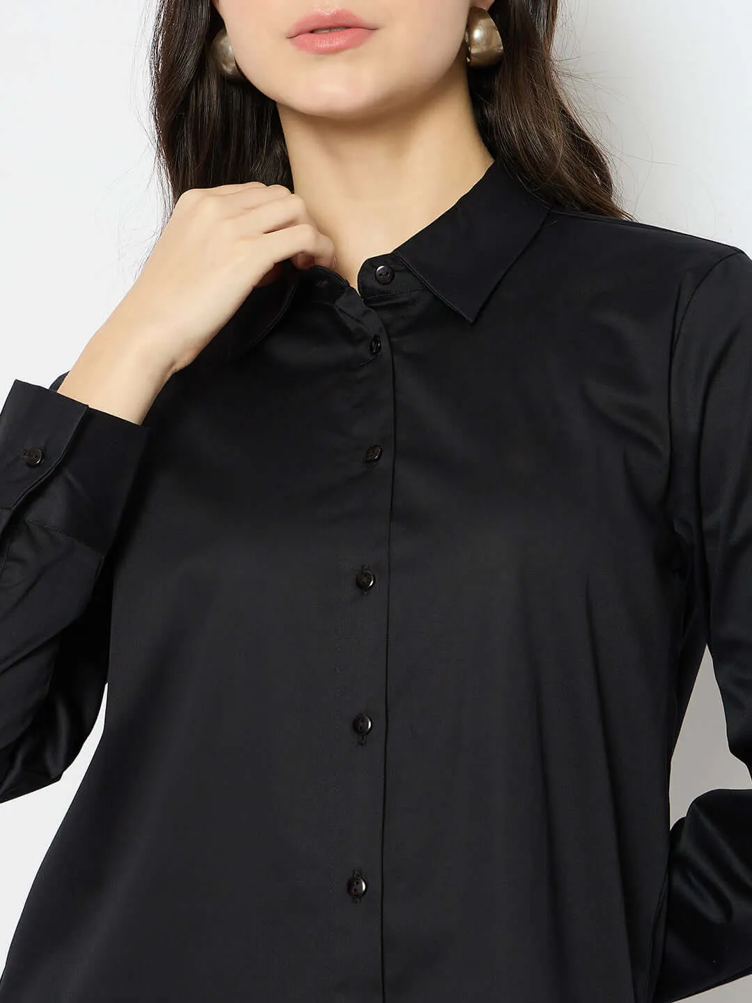 Madame Solid Black Cotton Blend Shirt