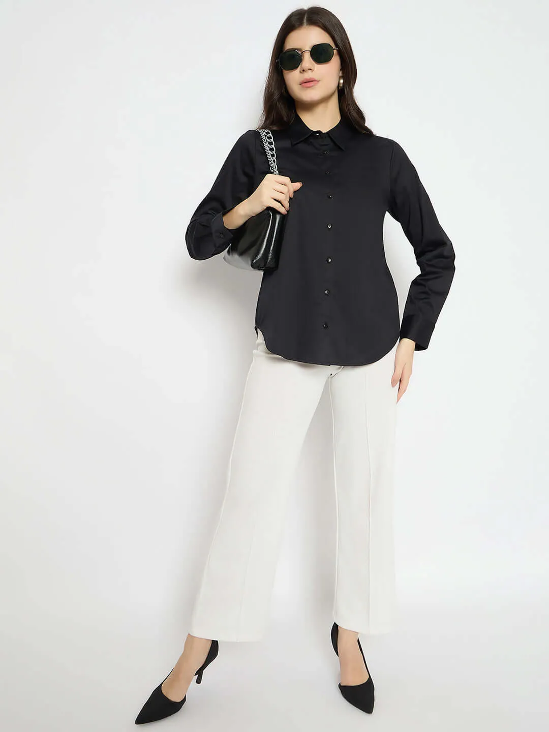 Madame Solid Black Cotton Blend Shirt