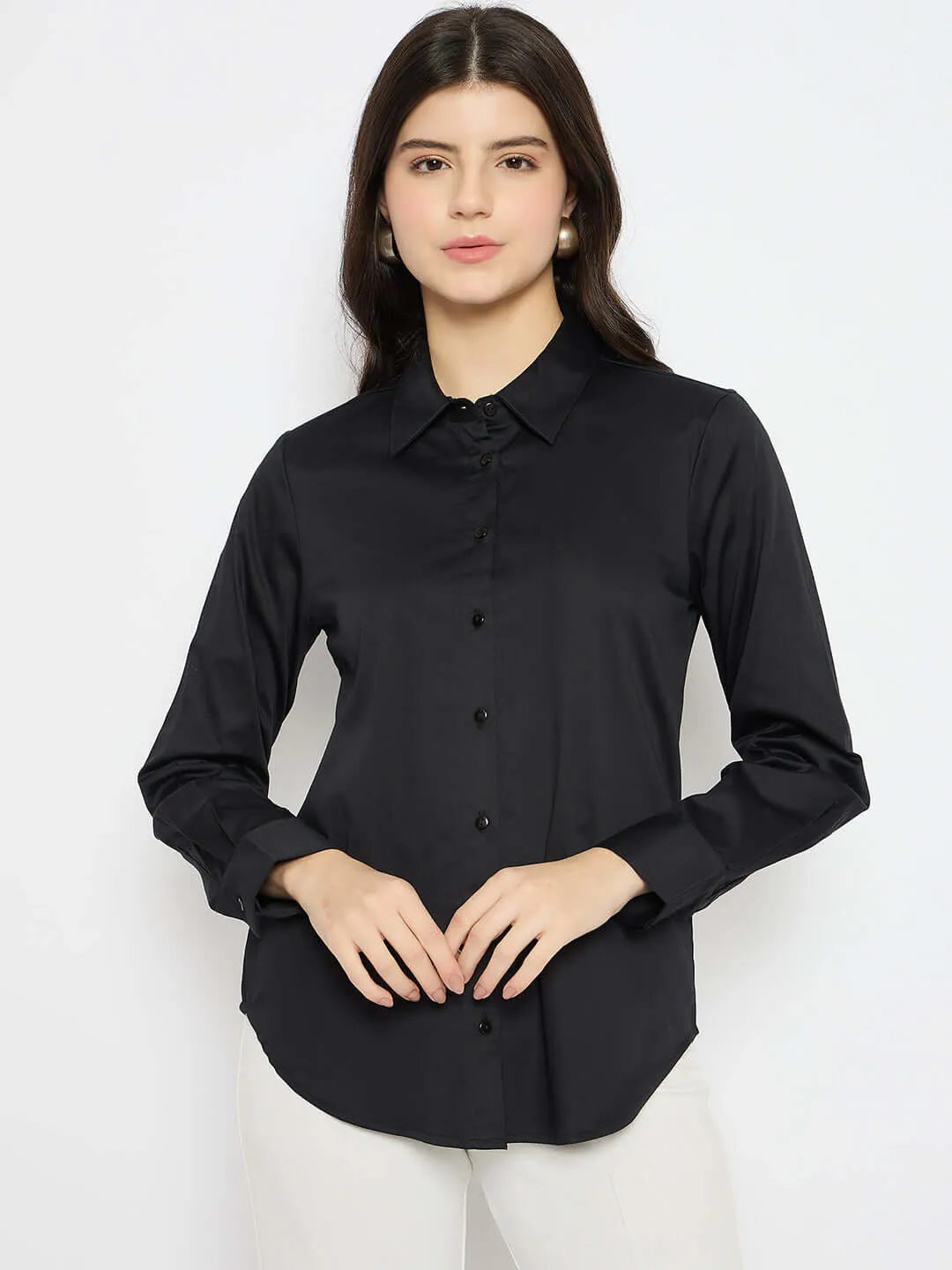 Madame Solid Black Cotton Blend Shirt