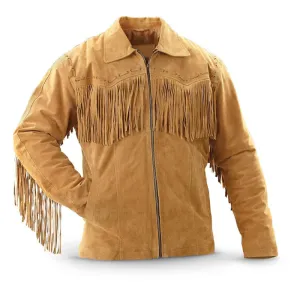 Mens New Western Cowboy Cognac Brown Suede Leather Fringes Zip Jacket WFJ06