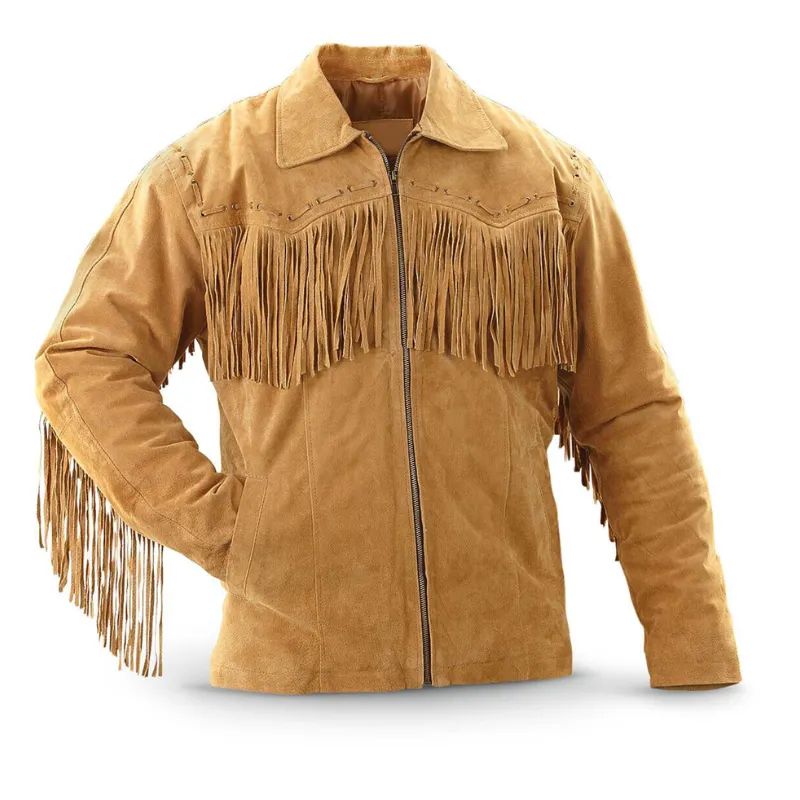 Mens New Western Cowboy Cognac Brown Suede Leather Fringes Zip Jacket WFJ06