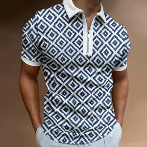 Men's Regular Geometric Printed Short Sleeve Zip Collar POLO Shirt