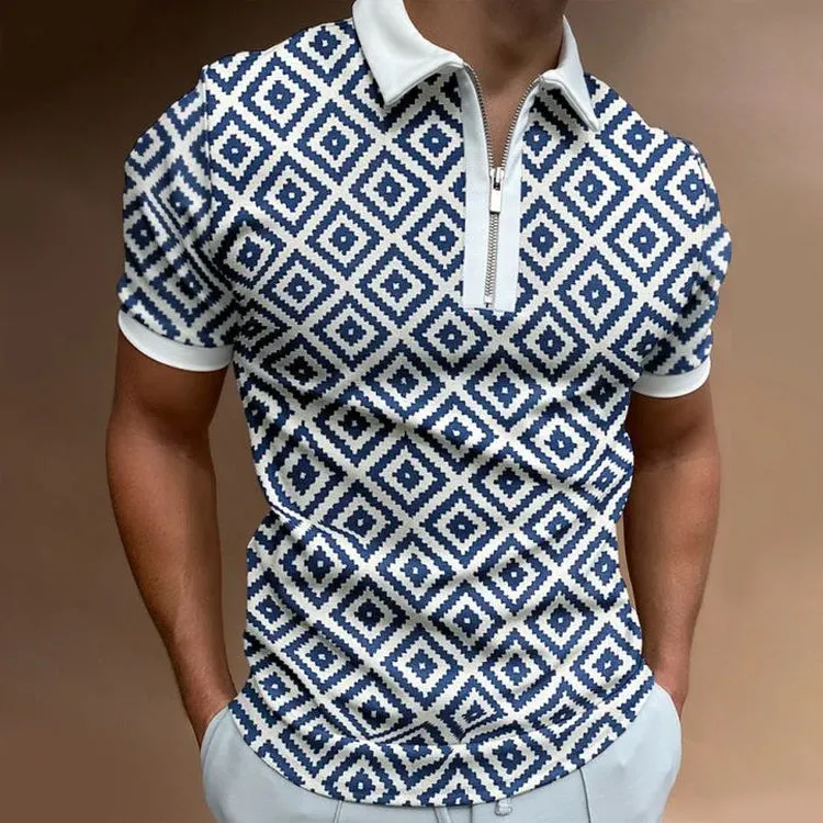 Men's Regular Geometric Printed Short Sleeve Zip Collar POLO Shirt