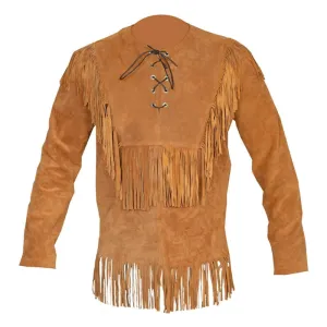Mens Western Cognac Brown Buckskin Suede Leather Mountain Man Fringe Shirt MMS06