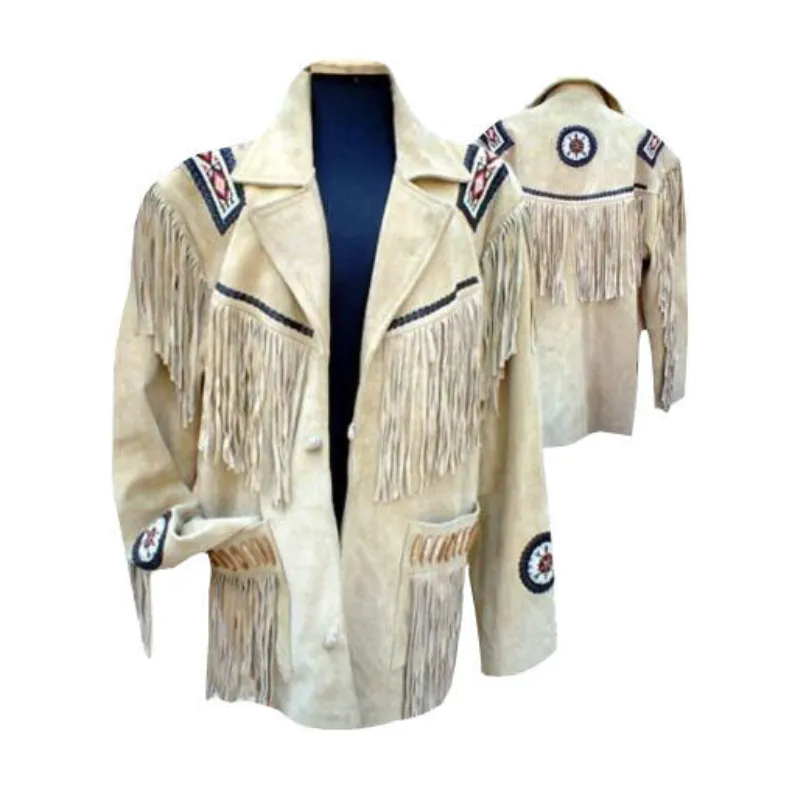 Mens Western Cowboy Beige Buffalo Suede Leather Beaded Fringes Jacket WJ-17