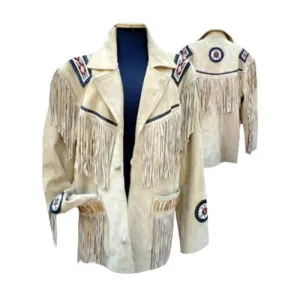 Mens Western Cowboy Beige Buffalo Suede Leather Beaded Fringes Jacket WJ-17