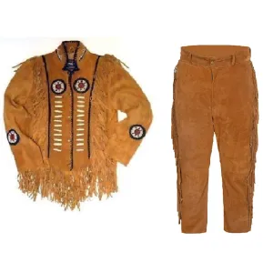 Mens Western Cowboy Cognac Brown Suede Leather Fringe Beaded Jacket & Pant Suit