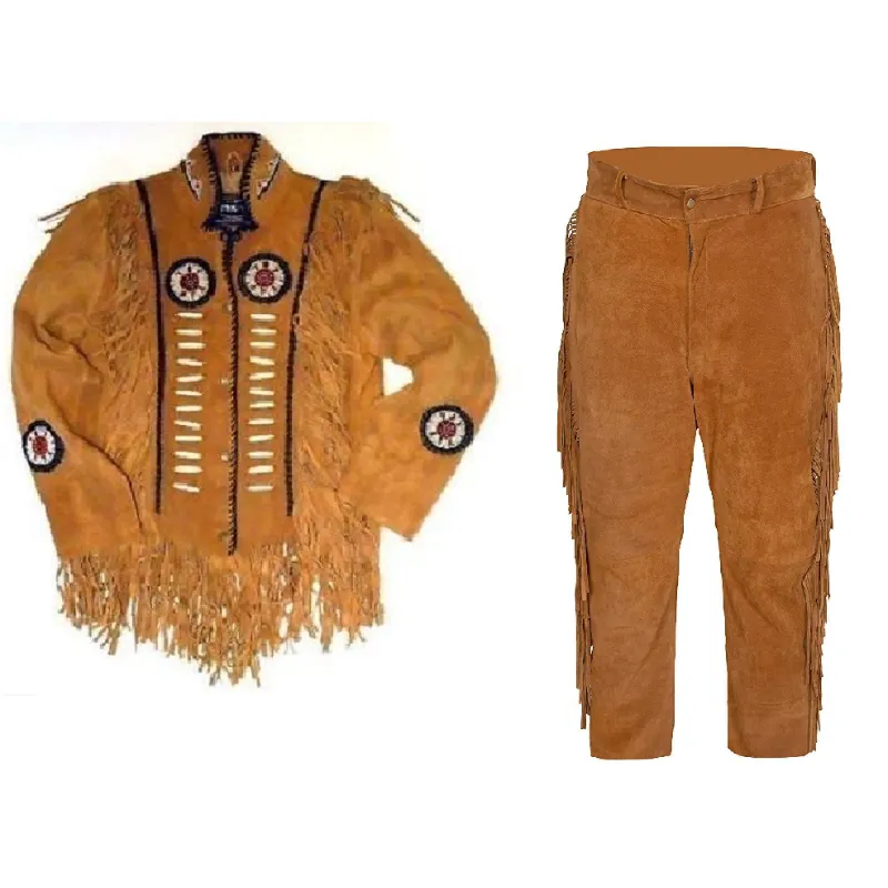 Mens Western Cowboy Cognac Brown Suede Leather Fringe Beaded Jacket & Pant Suit