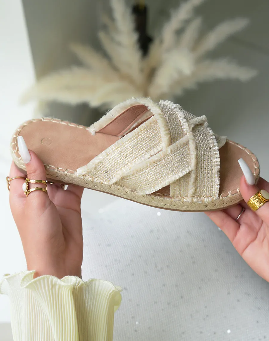 Mules femme blanches et beiges confortables avec paillettes et semelle en corde