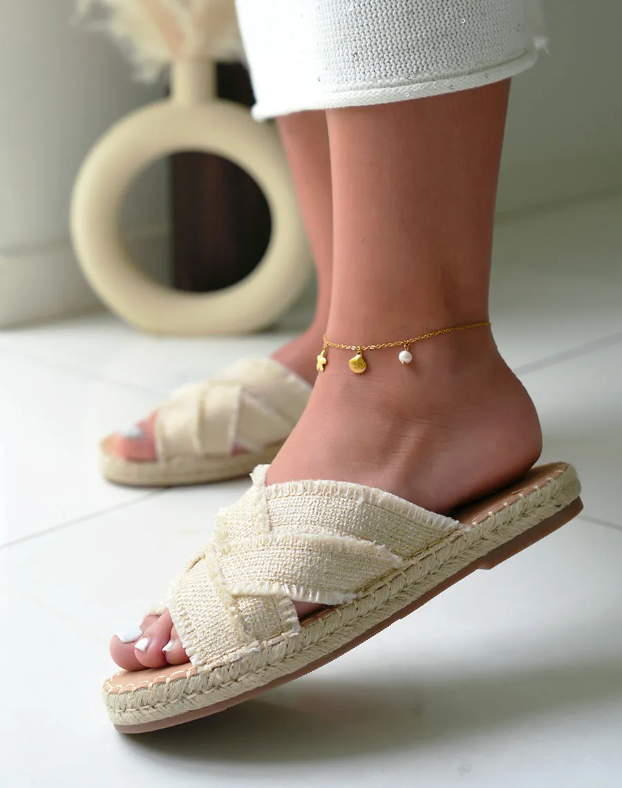 Mules femme blanches et beiges confortables avec paillettes et semelle en corde