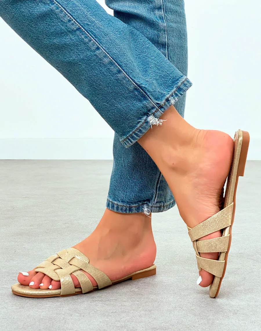Mules Femme Dorée Élégante avec Brides Entrecroisées Effet Croco